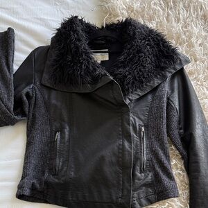 Miss Me Black Faux Leather Jacket with Faux Fur Collar